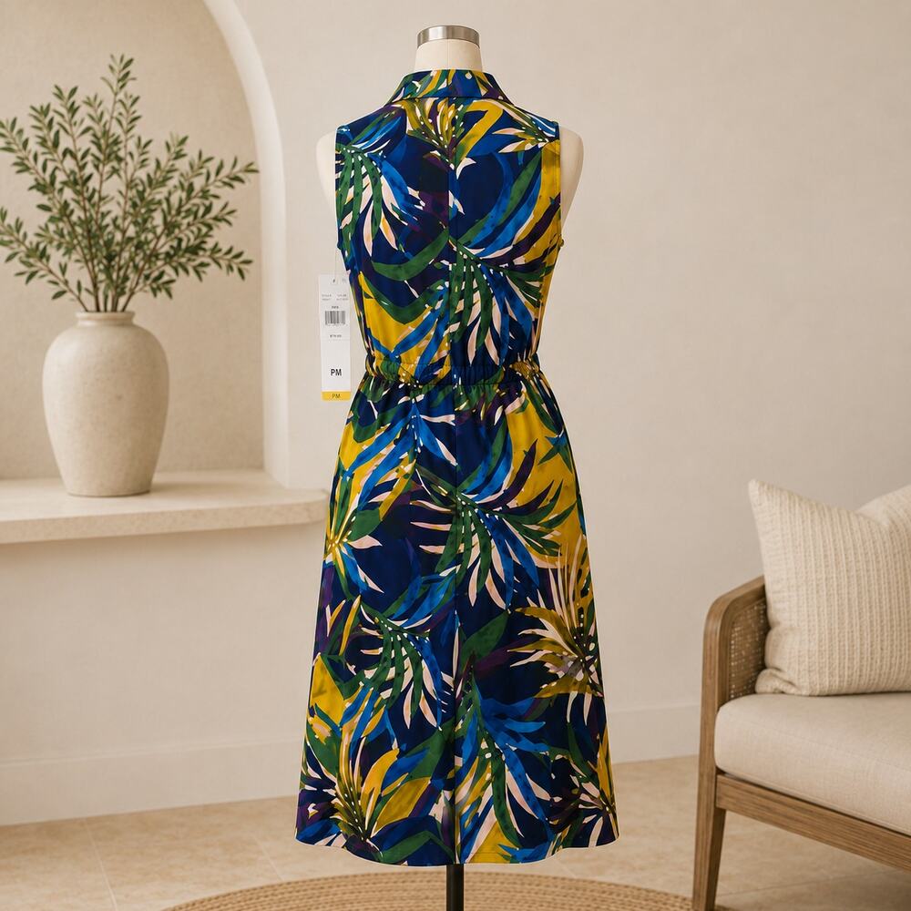 Sandra Darren Petite PM Tropical Midi Shirtdress Pockets NWT - Picture 3 of 12